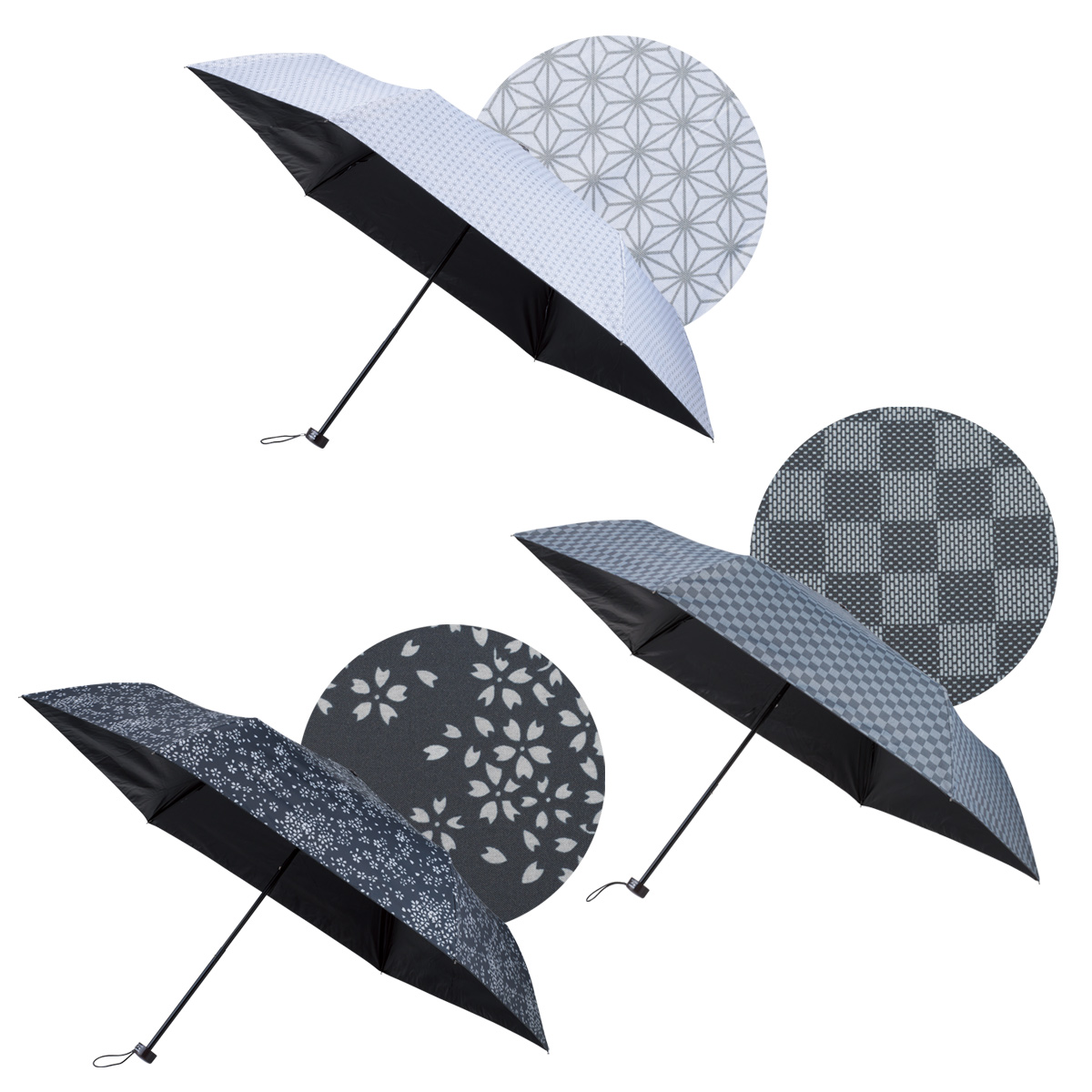 モノクロ和柄 晴雨兼用折りたたみ傘　36943