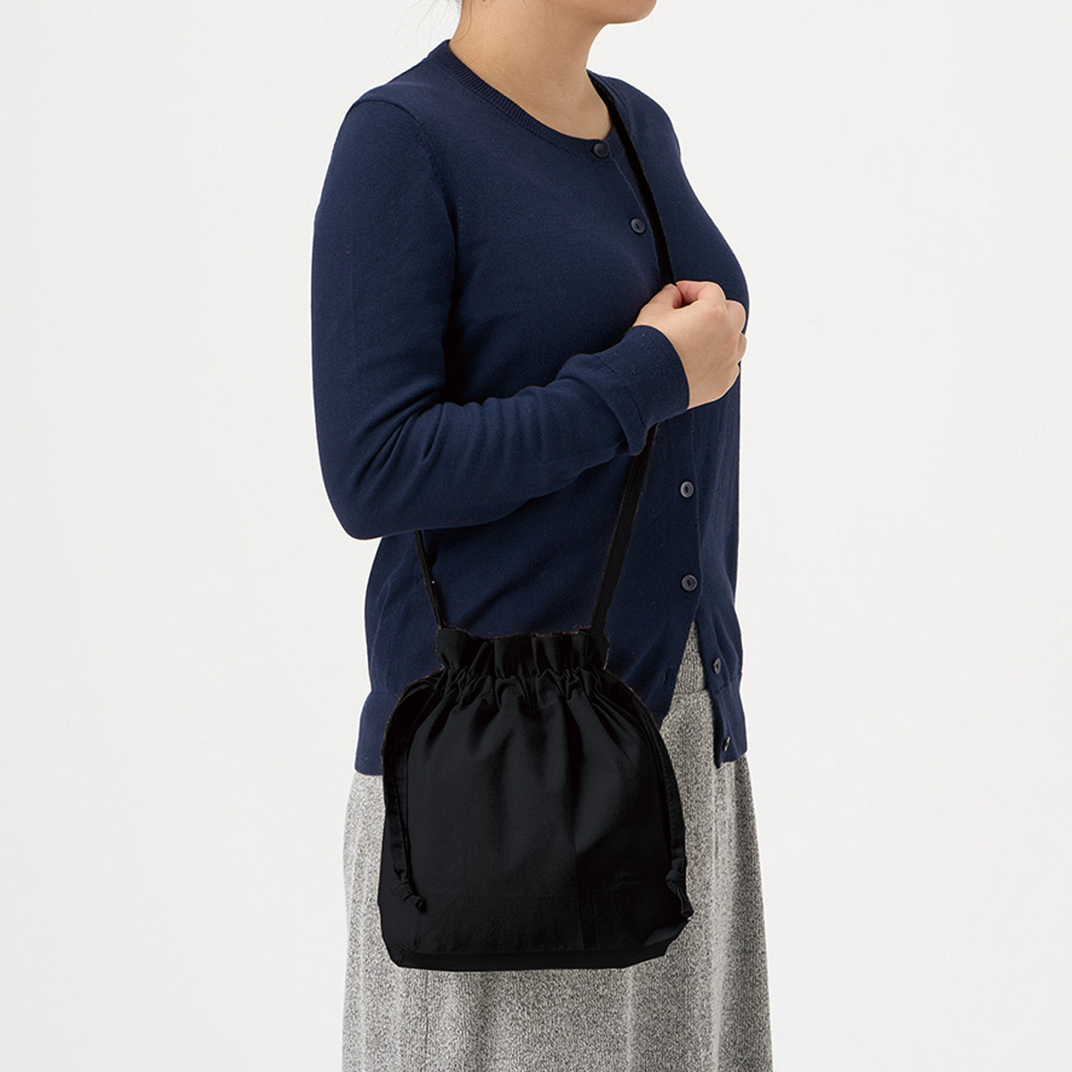 オーガニック厚手コットン巾着ショルダーバッグ　ブラック TR-1300-009